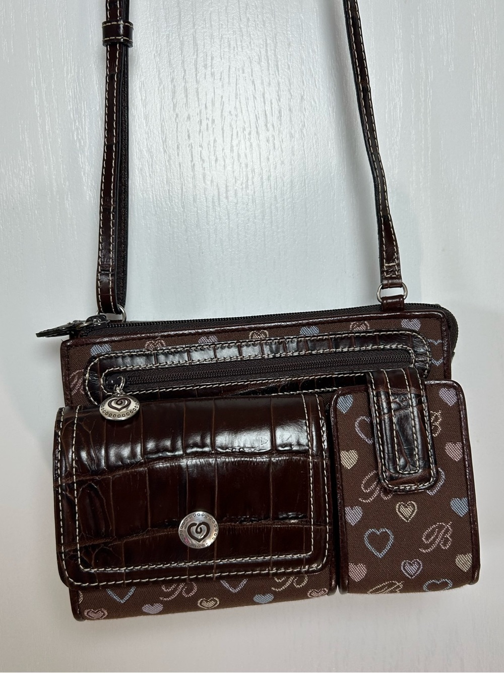 Vintage Brighton Brown Leather and Logo Print Crossbody